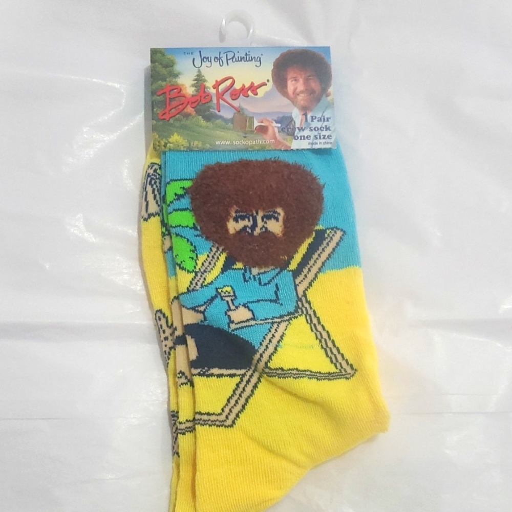Bob Ross The Joy of Painting unisex yellow blue‎ crew socks new